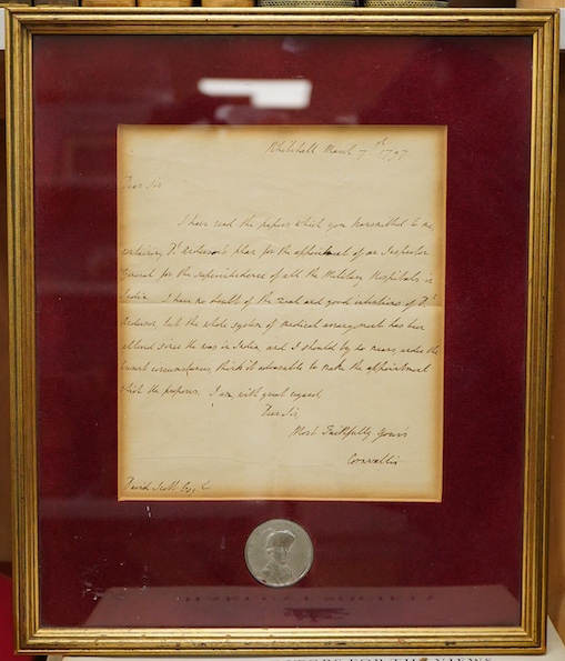 A framed handwritten letter, written by Charles, Marquis Cornwallis, addressed to David Scott Esq. and dated ‘Whitehall March 7th, 1797’, the letter discusses the appointment of an Inspector General for the supervision o